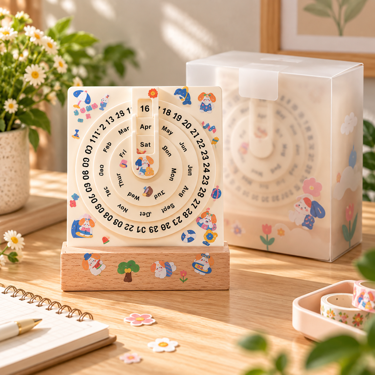 Rotating Wooden Perpetual Desk Calendar